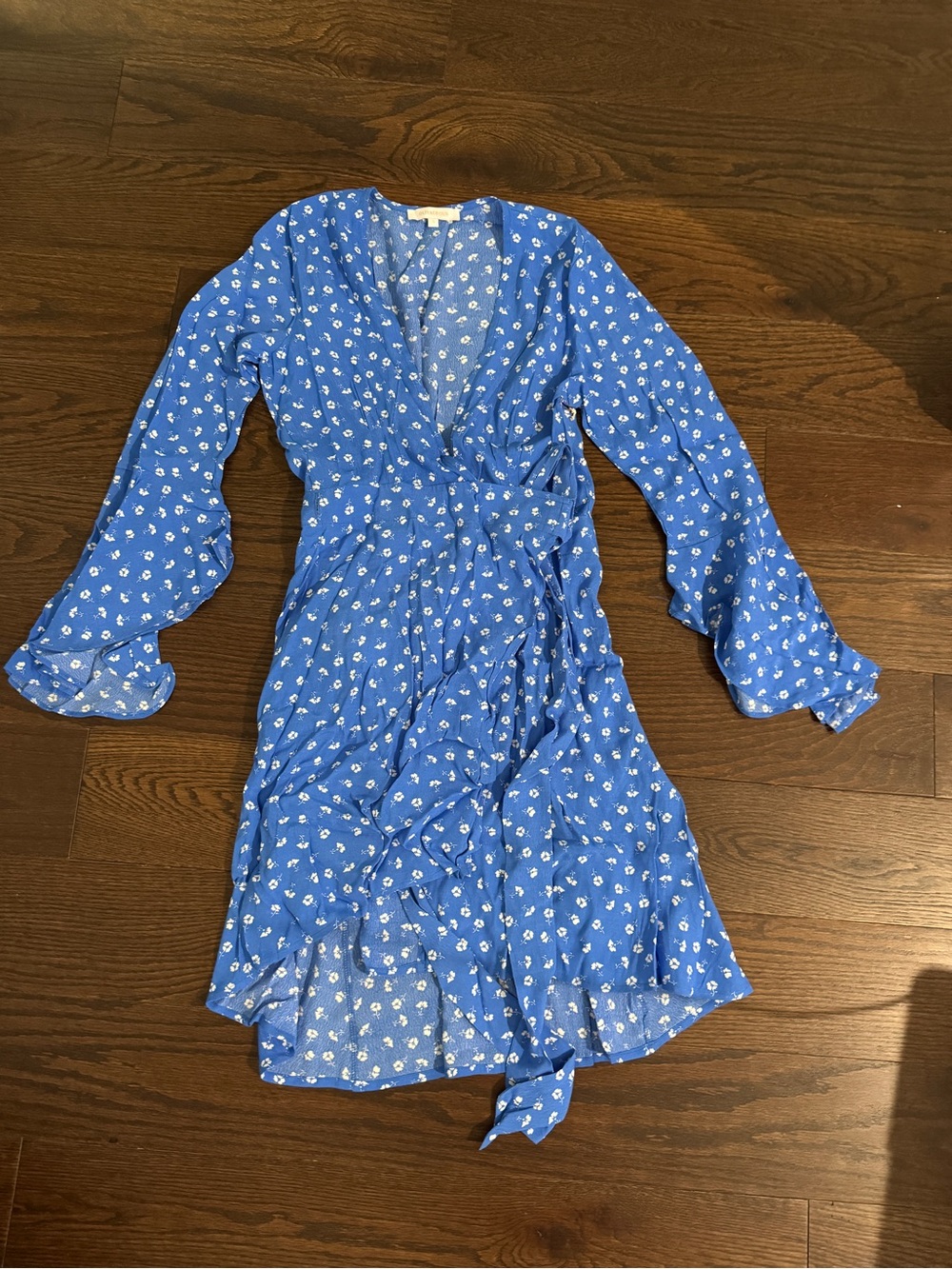 Olivaceous Blue Floral Wrap Dress with Ruffle Trim
